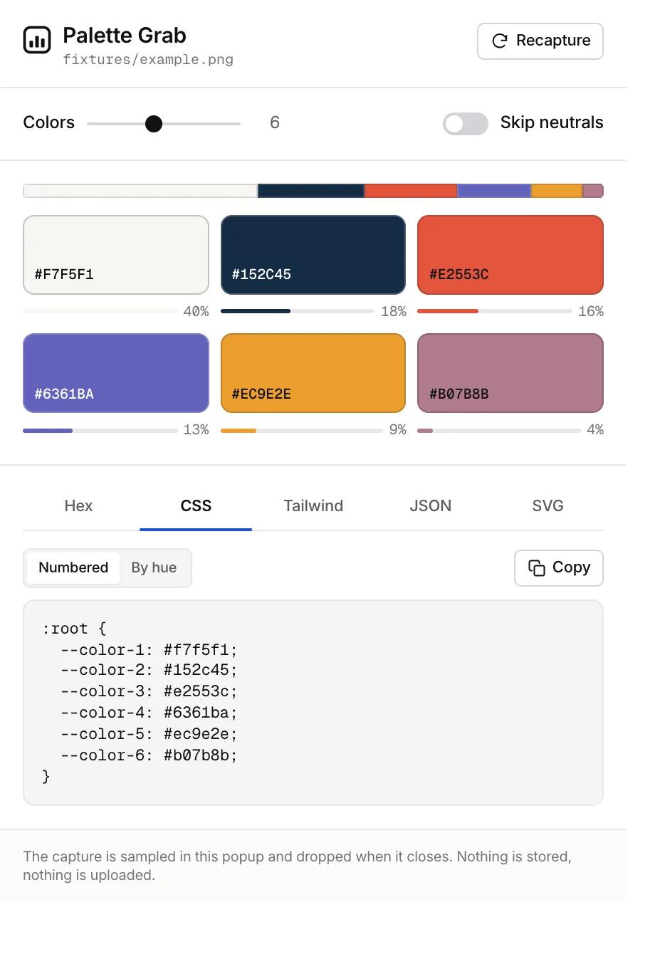 The Palette Grab popup showing six extracted colours with hex values and dominance percentages, above the generated CSS custom properties.