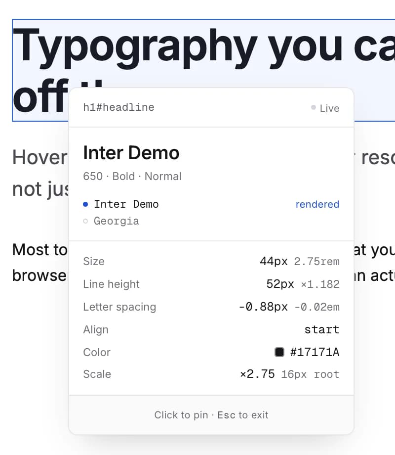 The Type Inspector overlay on a headline, showing the rendered font family, weight, size, line height, letter spacing and colour.
