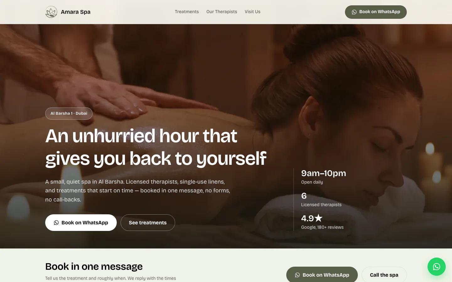 The Amara Spa concept site - a treatment video running full-bleed behind the headline, with a Book on WhatsApp button under it.
