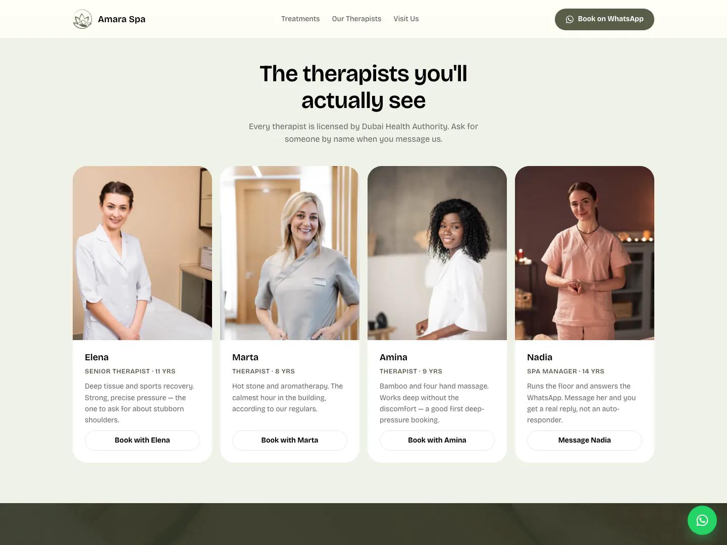 Therapist cards on the Amara Spa concept site, each with a button to book with that person by name.