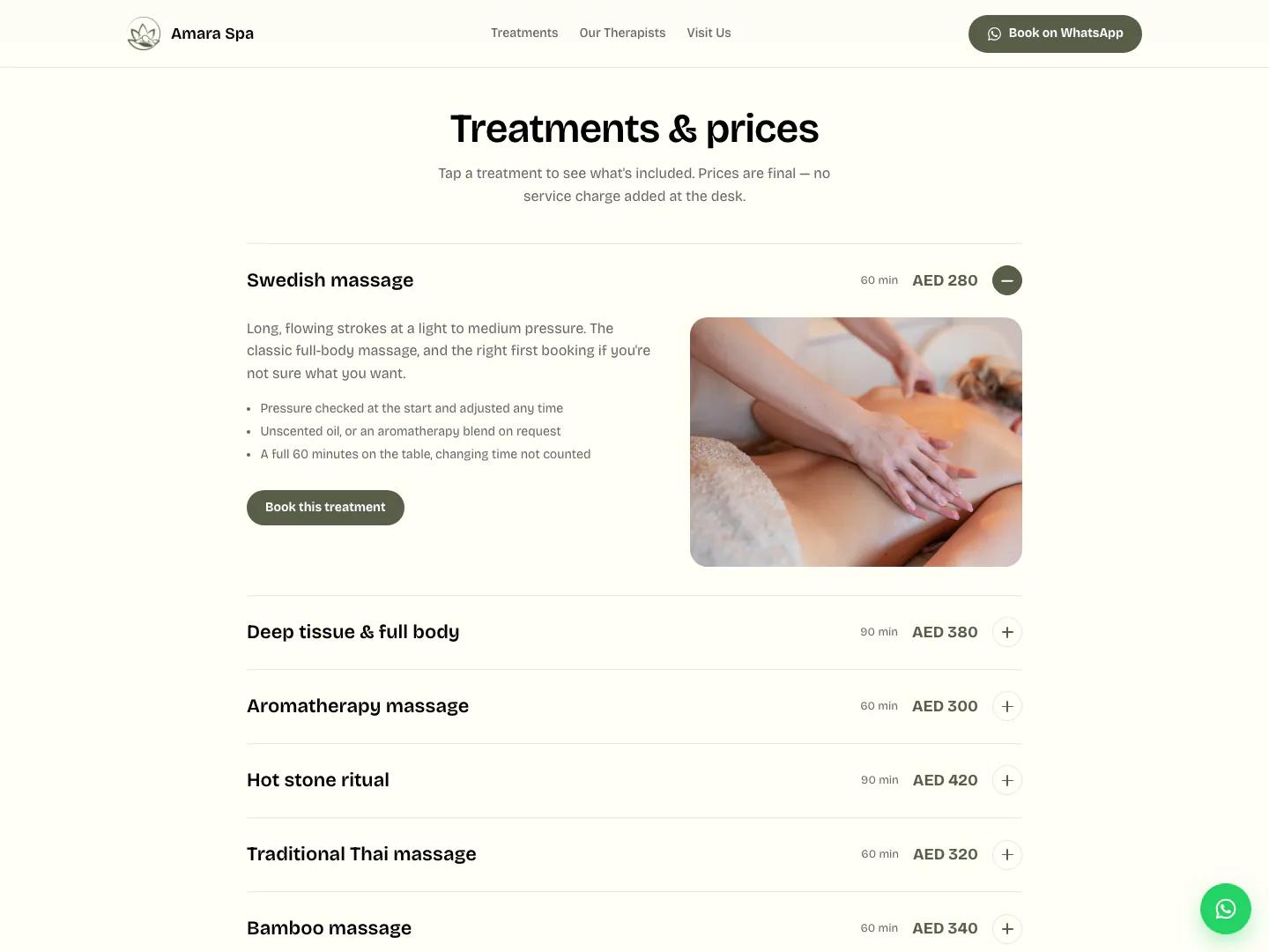 The treatments list on the Amara Spa concept site, with one row open showing its price, description and a Book this treatment button.