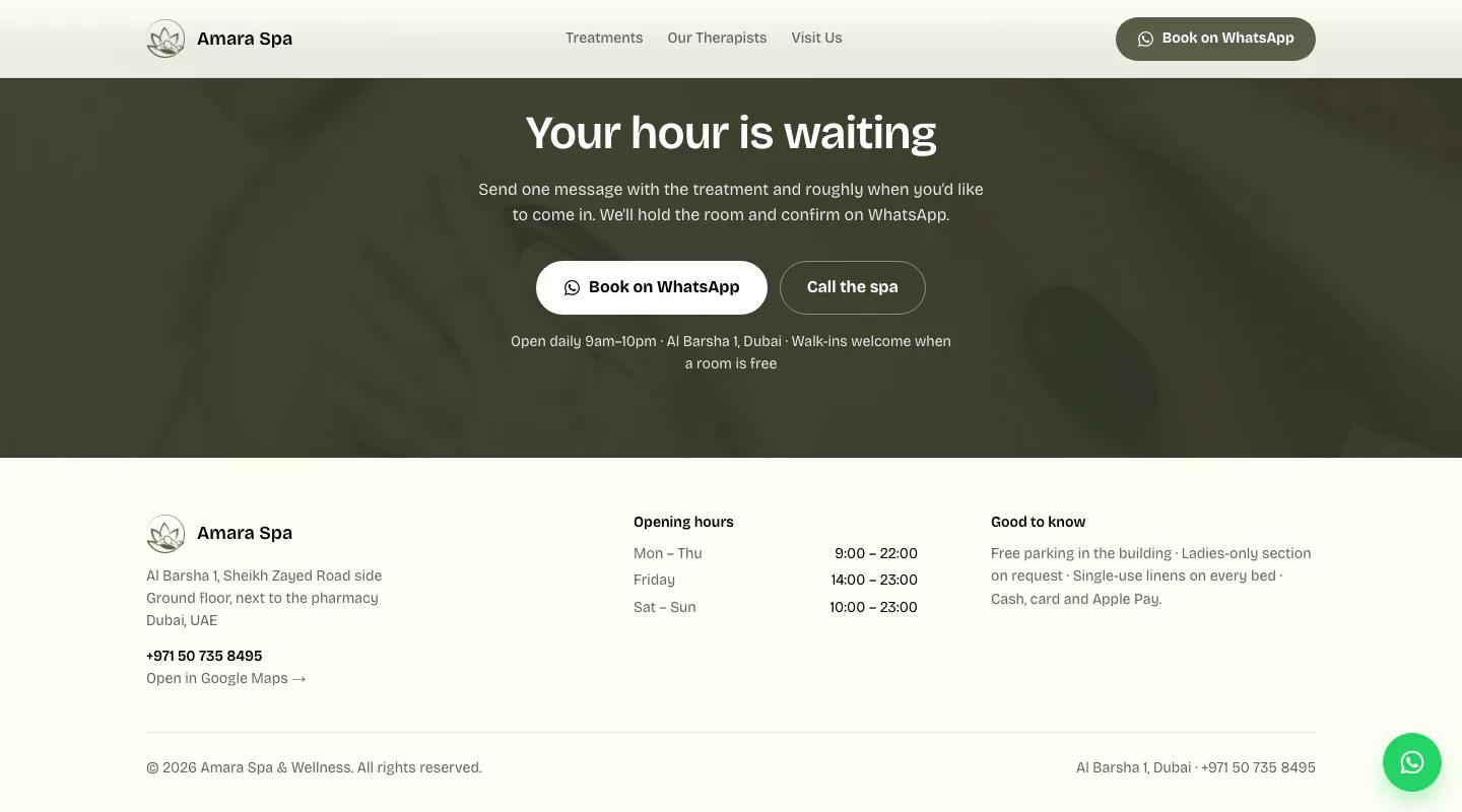 The closing booking band and footer of the Amara Spa concept site, with opening hours and the address in Al Barsha.