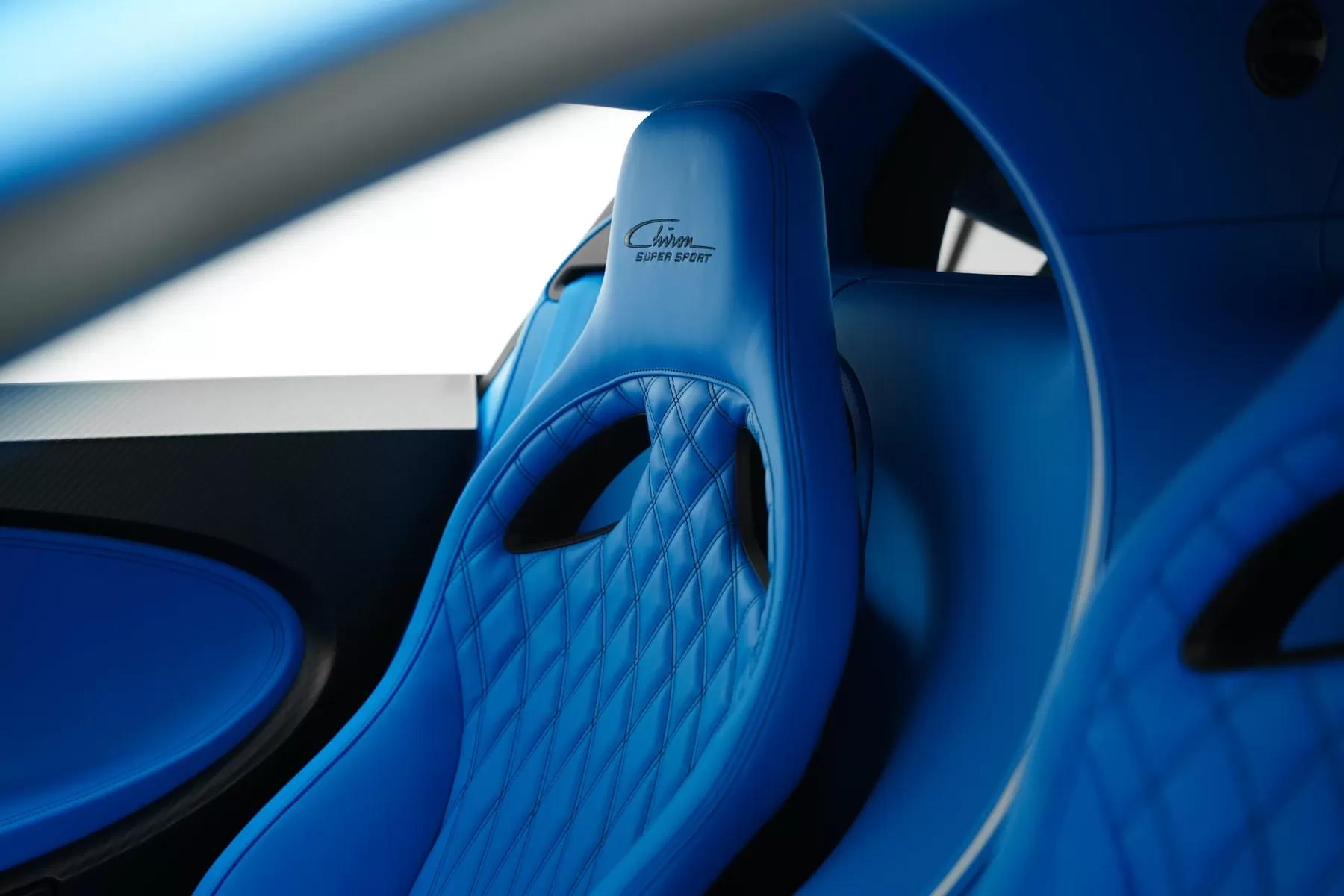 Bugatti Chiron Supersport blue quilted-leather seat detail.
