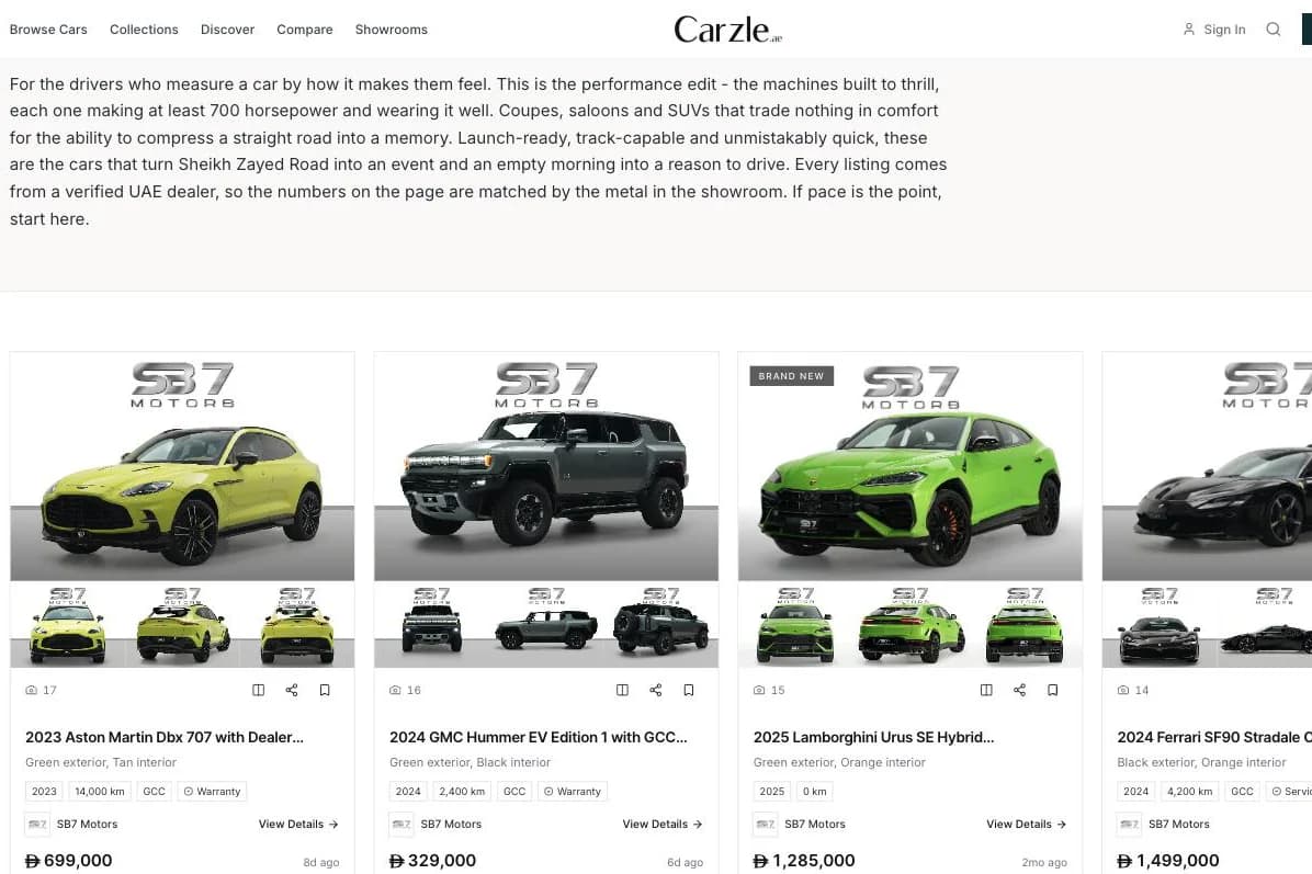 A Carzle discover page for performance cars - an intent-led landing page above a grid of matching inventory.