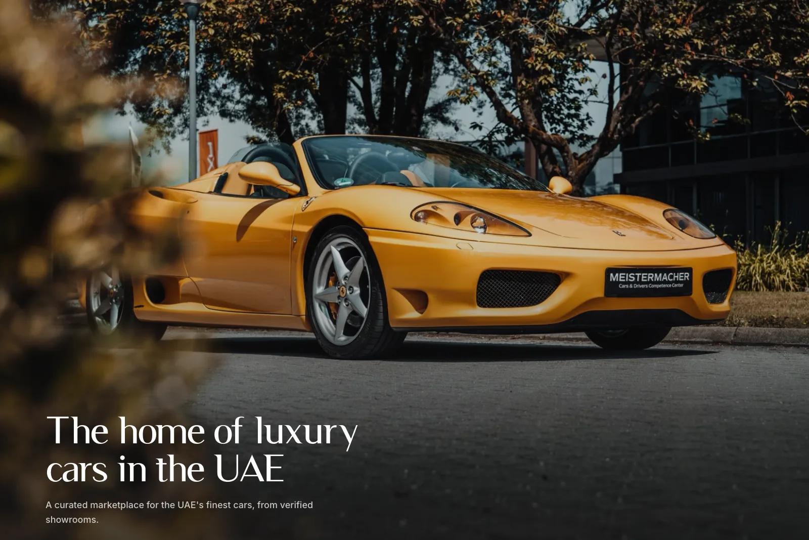 The Carzle homepage - a Ferrari 360 Spider under the headline 'The home of luxury cars in the UAE'.