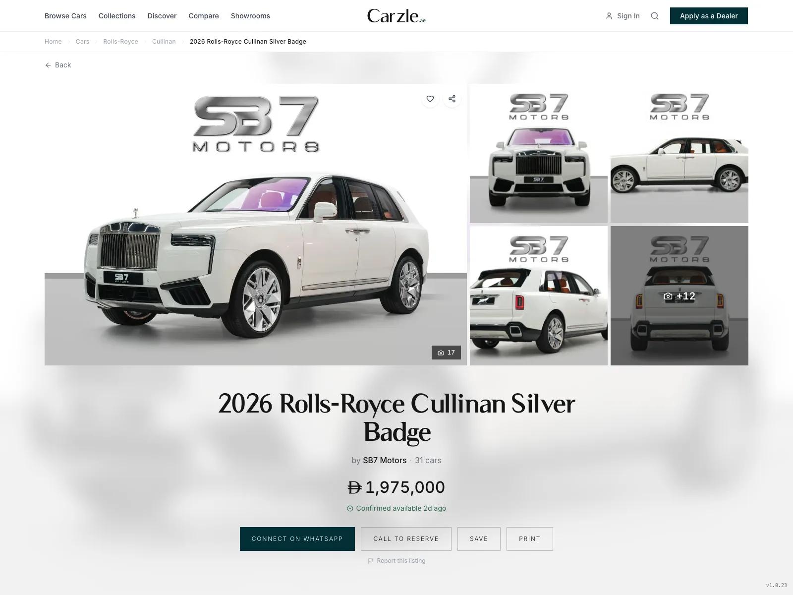 A Carzle listing for a 2026 Rolls-Royce Cullinan, with the showroom name, price and a Connect on WhatsApp button.