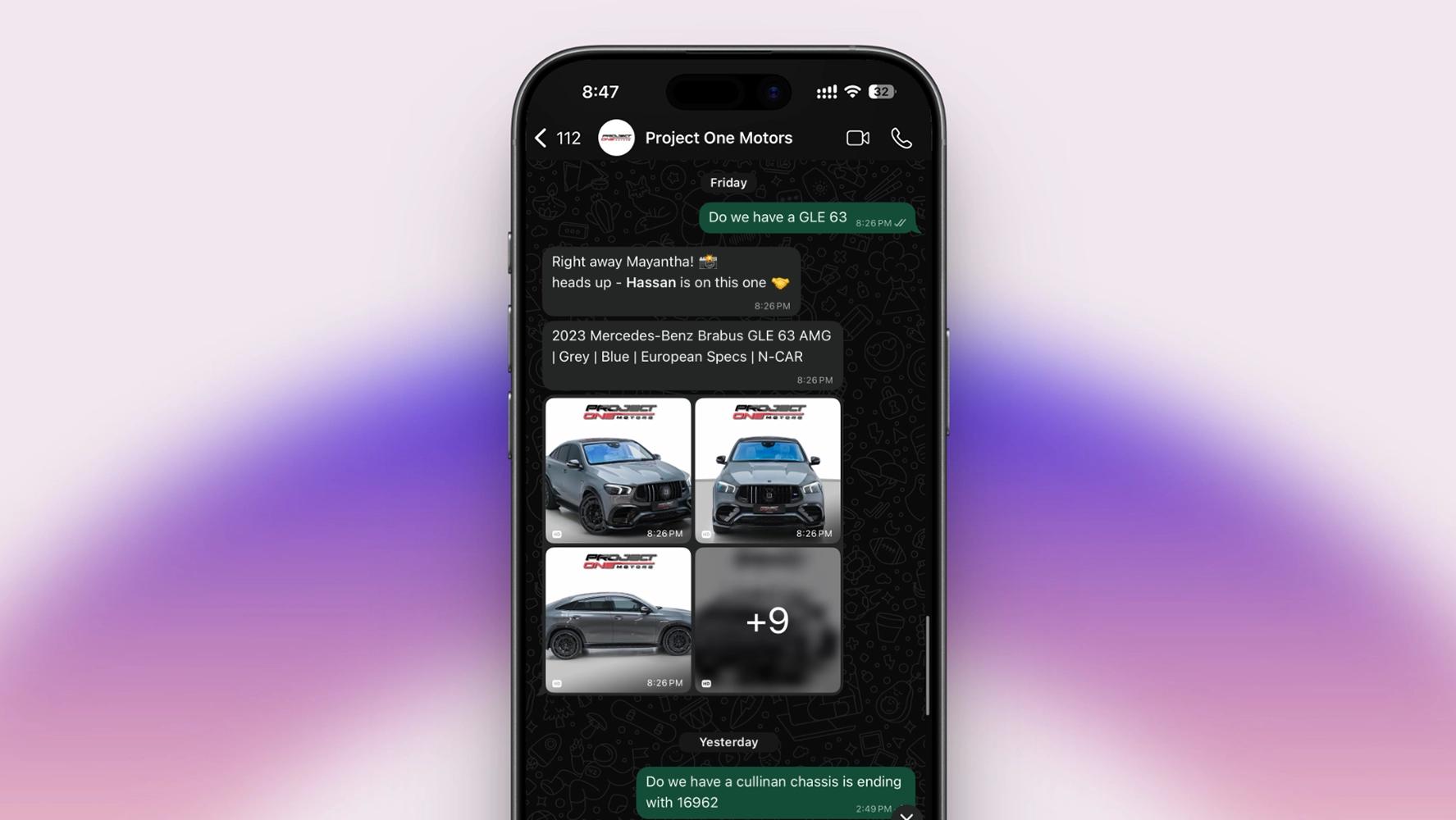 The WhatsApp photo bot for Project One Motors, replying to a salesman's request with the correct car.