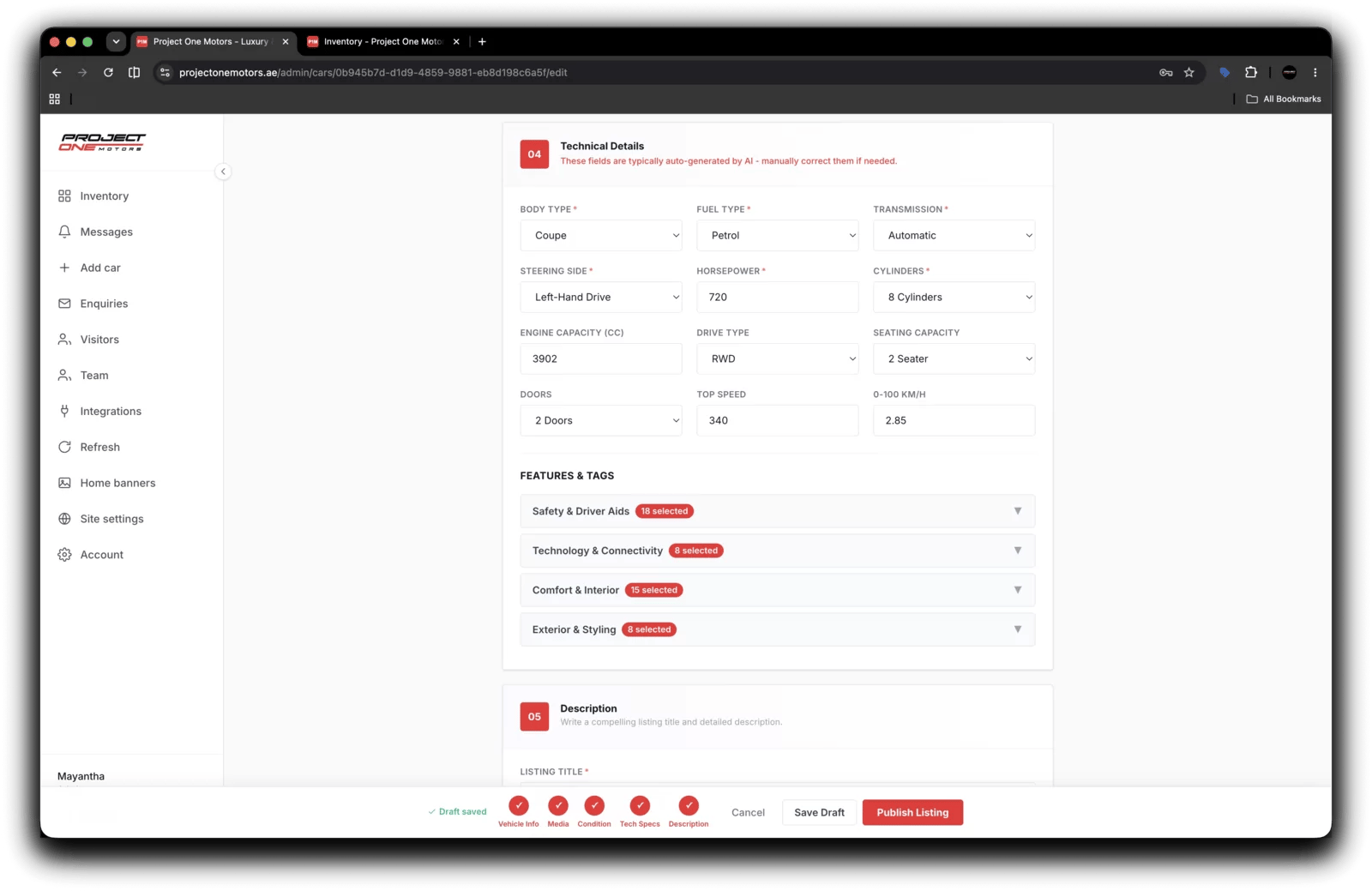 A car detail page with full specifications on the rebuilt site.