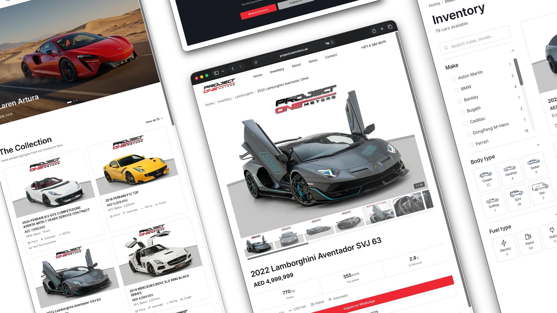 The rebuilt Project One Motors site: a supercar listing on a dark background, loaded in under half a second.