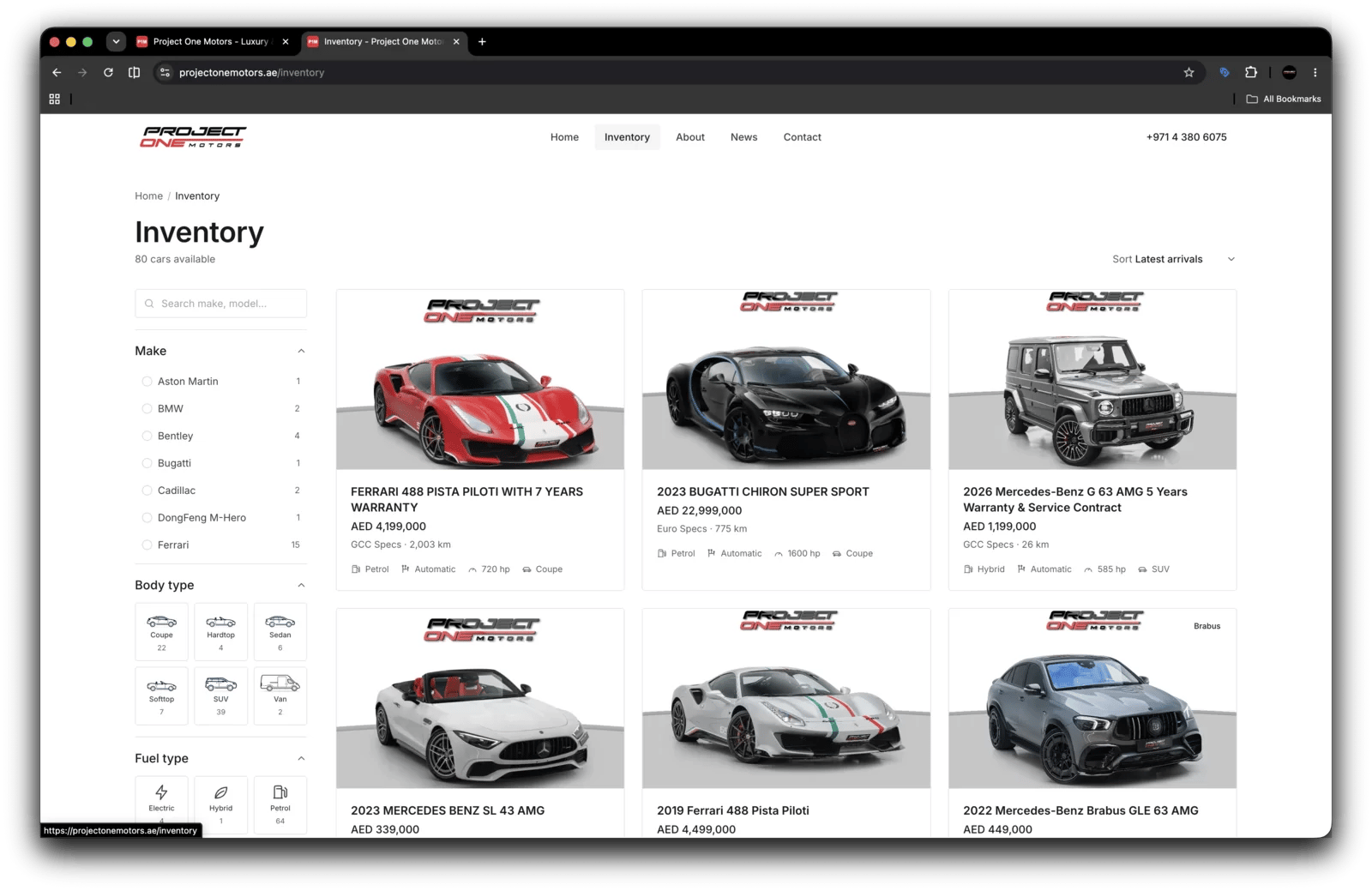 The public inventory page on the rebuilt Project One Motors site.