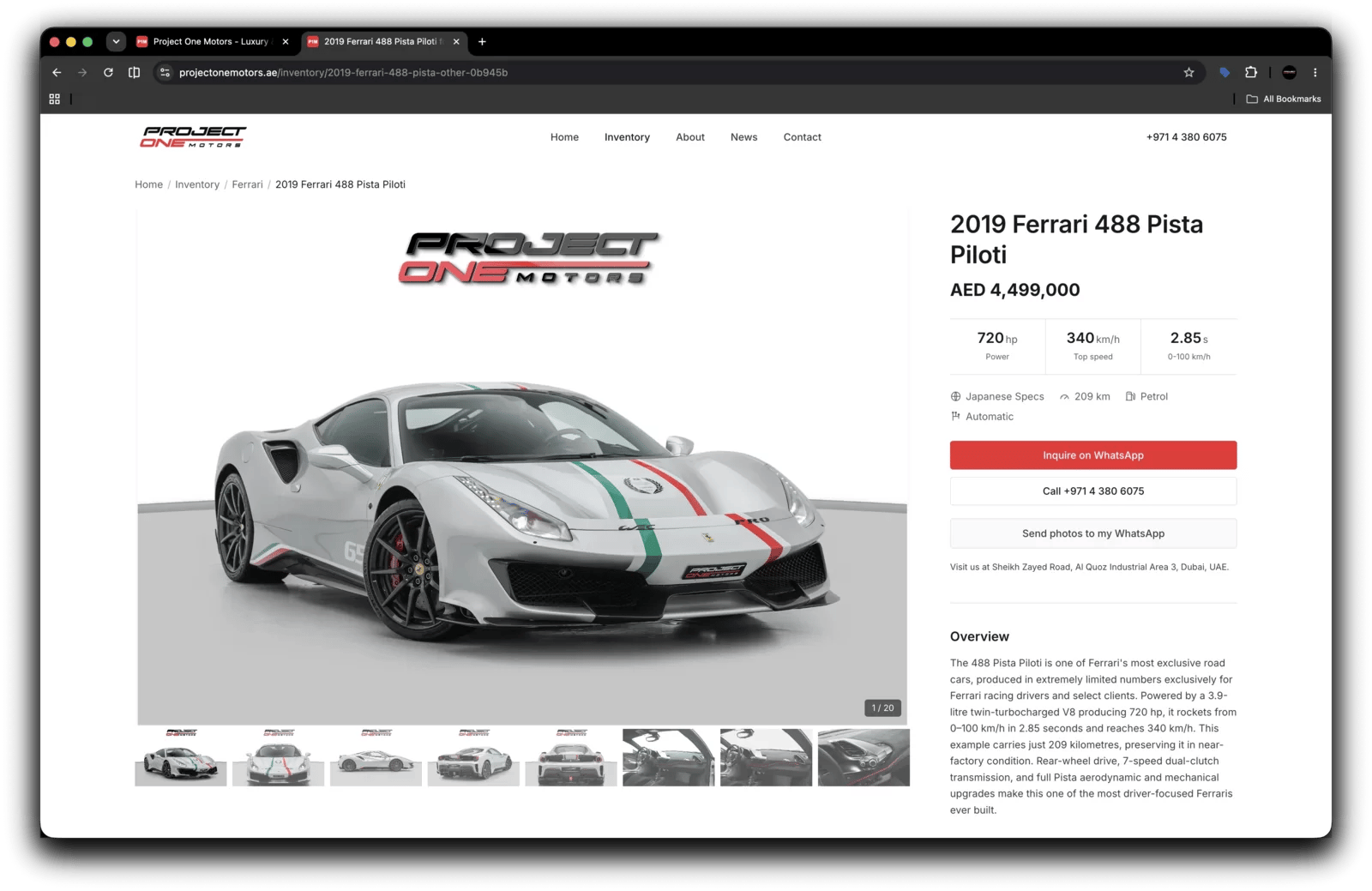 A car listing page on the rebuilt Project One Motors site, images first.
