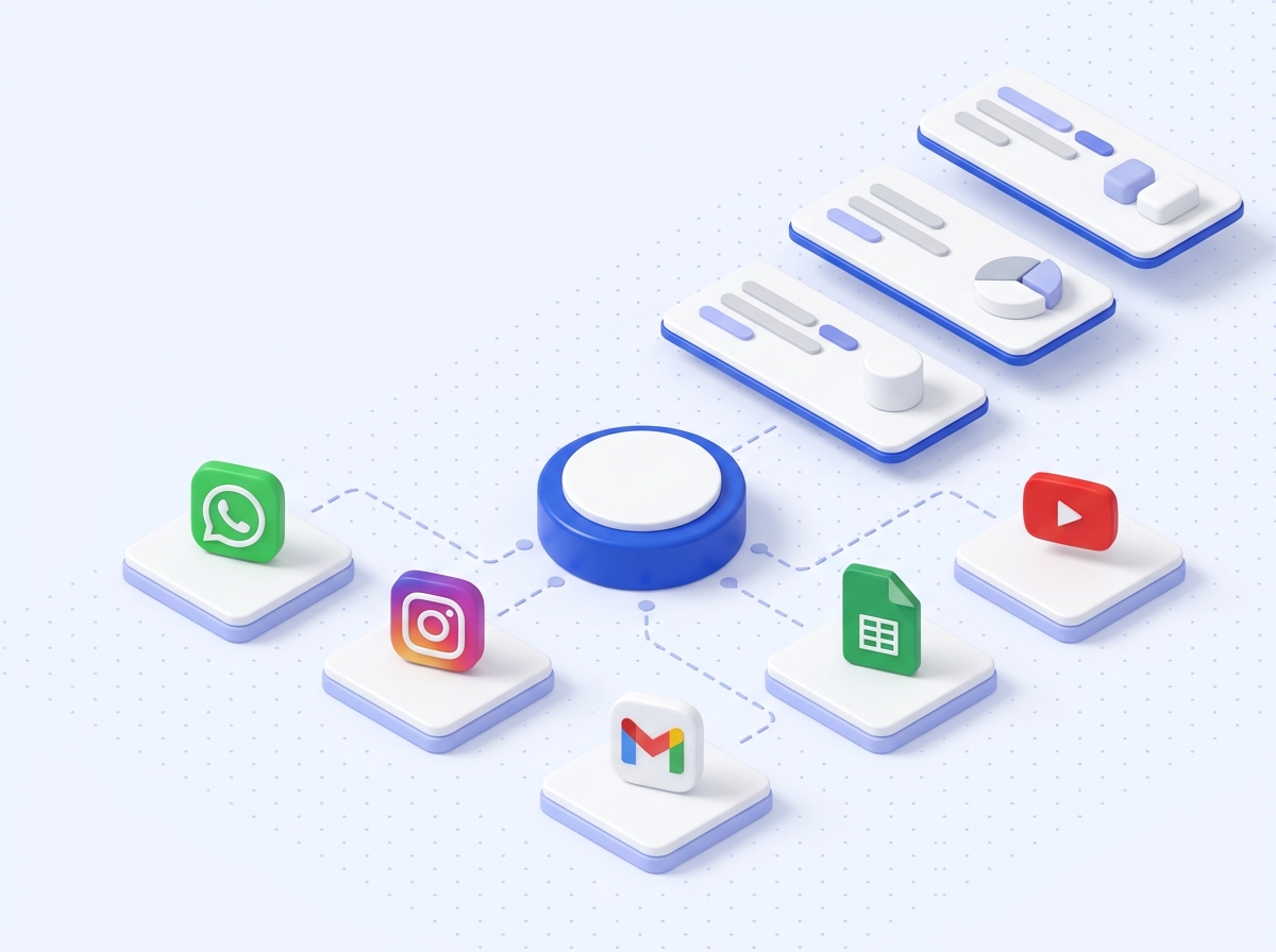 Isometric diagram: WhatsApp, Instagram, Gmail, Google Sheets and YouTube tiles wired by dashed connectors into a single central hub.